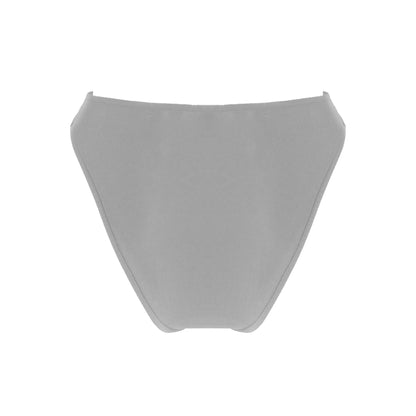 Back view of light grey High waist bikini bottom with high cut legs and cheeky bum coverage.