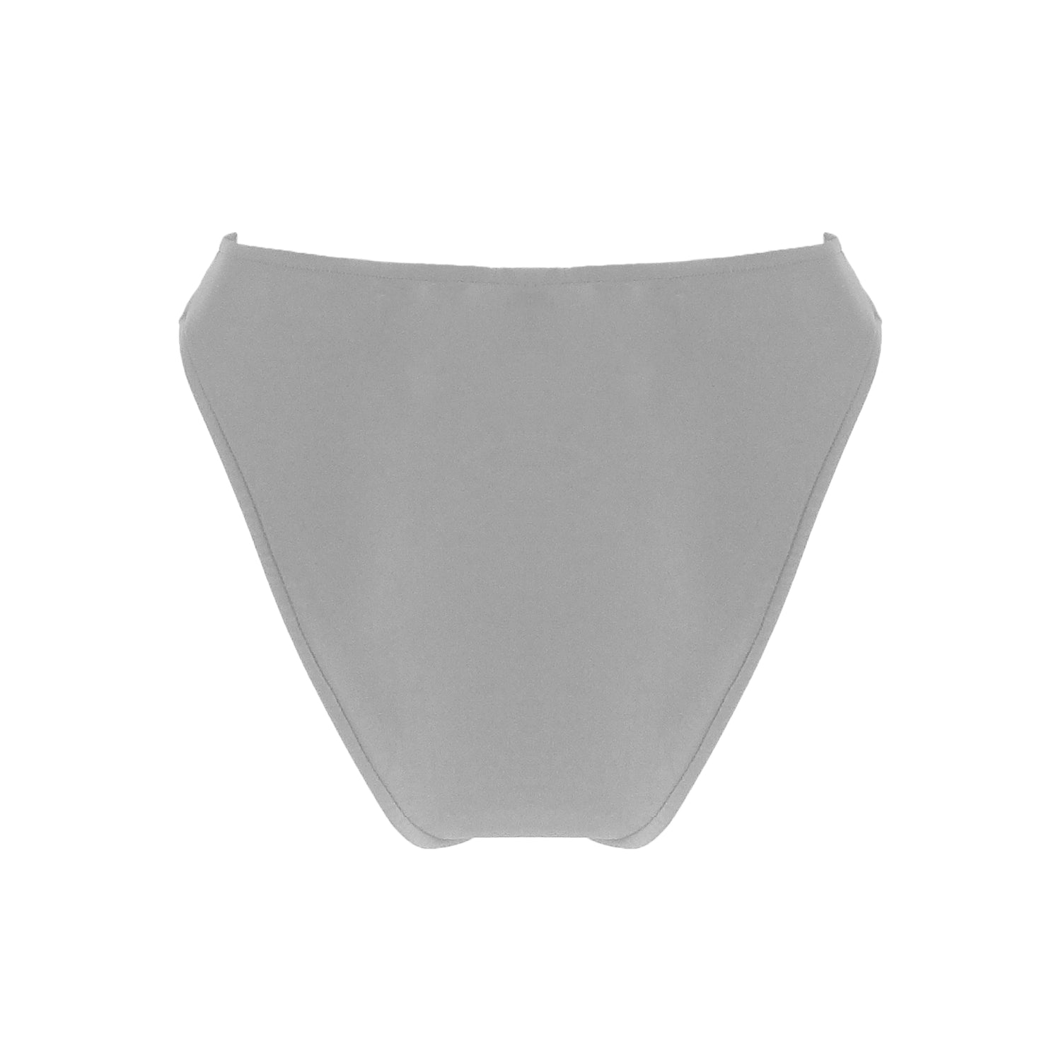 Back view of light grey High waist bikini bottom with high cut legs and cheeky bum coverage.