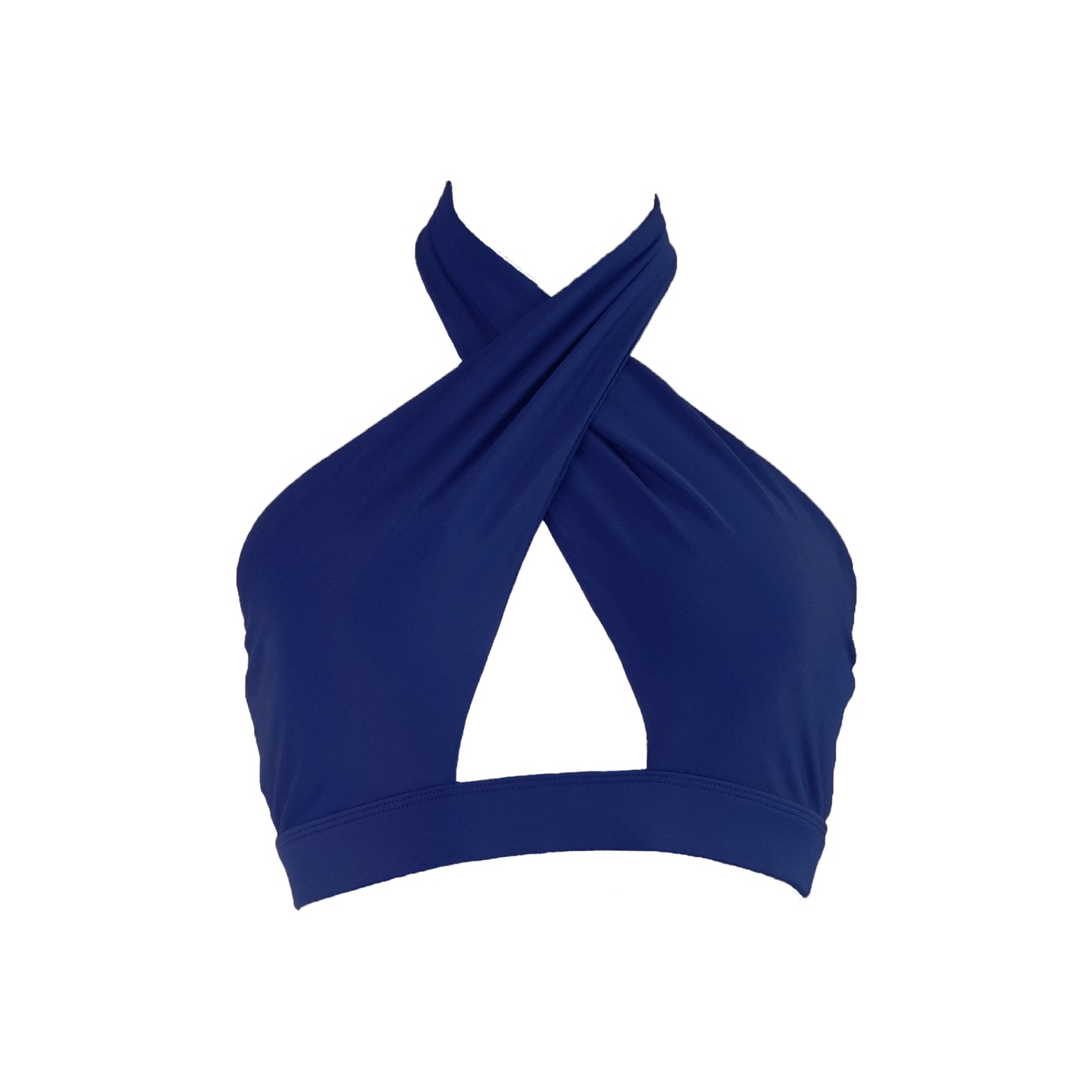 Midnight navy cross front halter bikini top with an adjustable tie neck, banded bust hem, and cut out center.