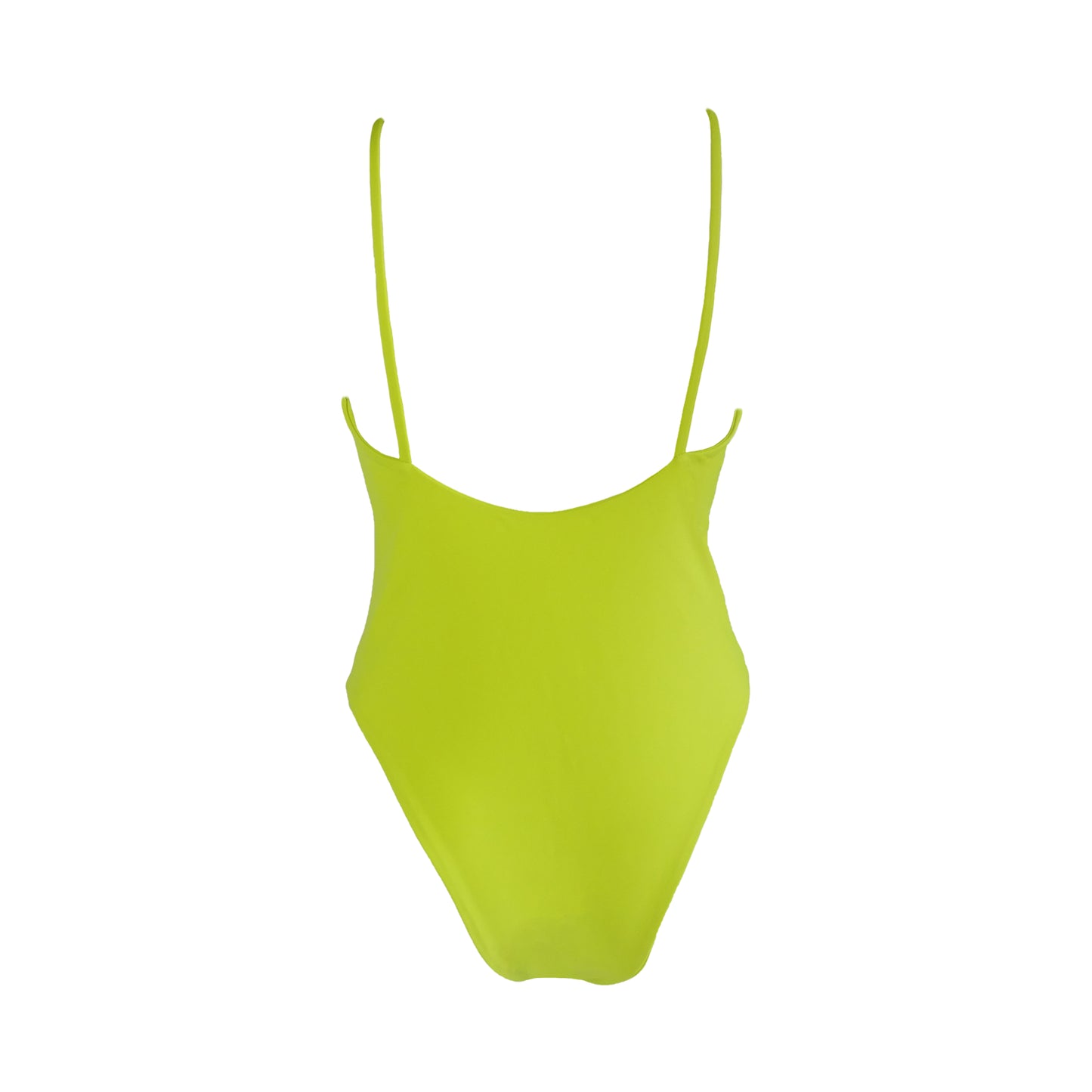 Back view of Asymmetric plunging v-neck one piece swimsuit with strap across connecting the front straps, high cut legs, and cheeky bum coverage.