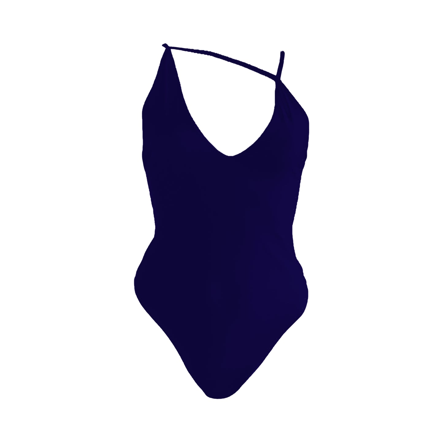 Midnight navy Asymmetric plunging v-neck one piece swimsuit with strap across connecting the front straps, high cut legs, and cheeky bum coverage.