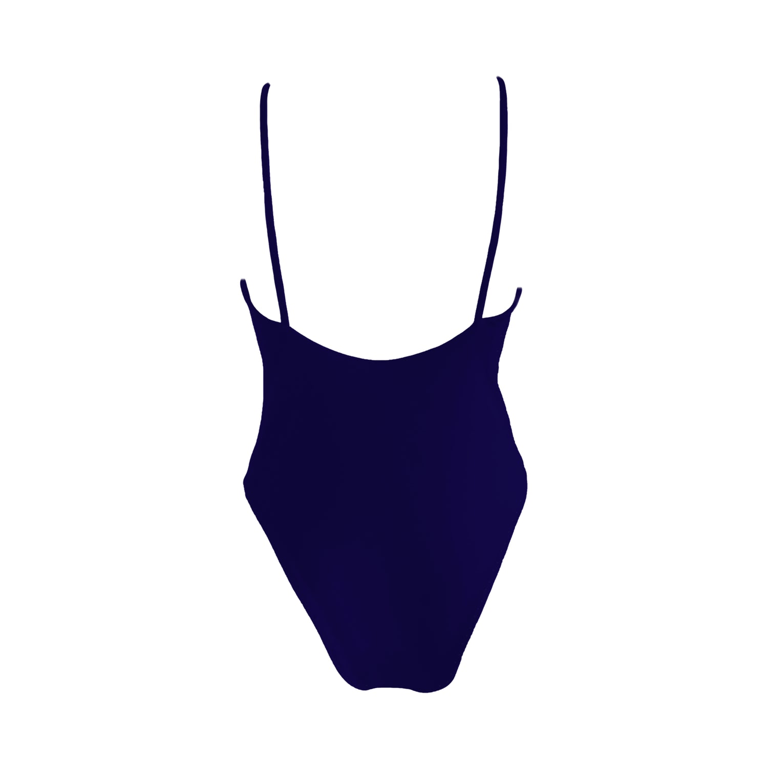 Back view of midnight navy Asymmetric plunging v-neck one piece swimsuit with strap across connecting the front straps, high cut legs, and cheeky bum coverage.