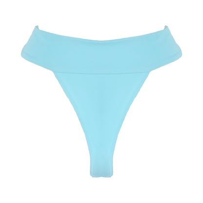 Back of Ocean blue banded high waist thong bikini bottom.