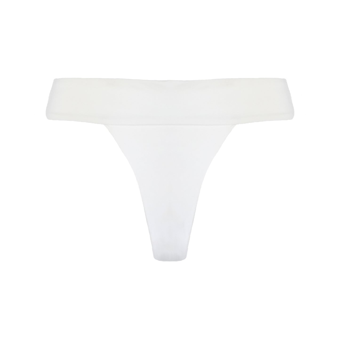 Back of white banded high waist thong bikini bottom.