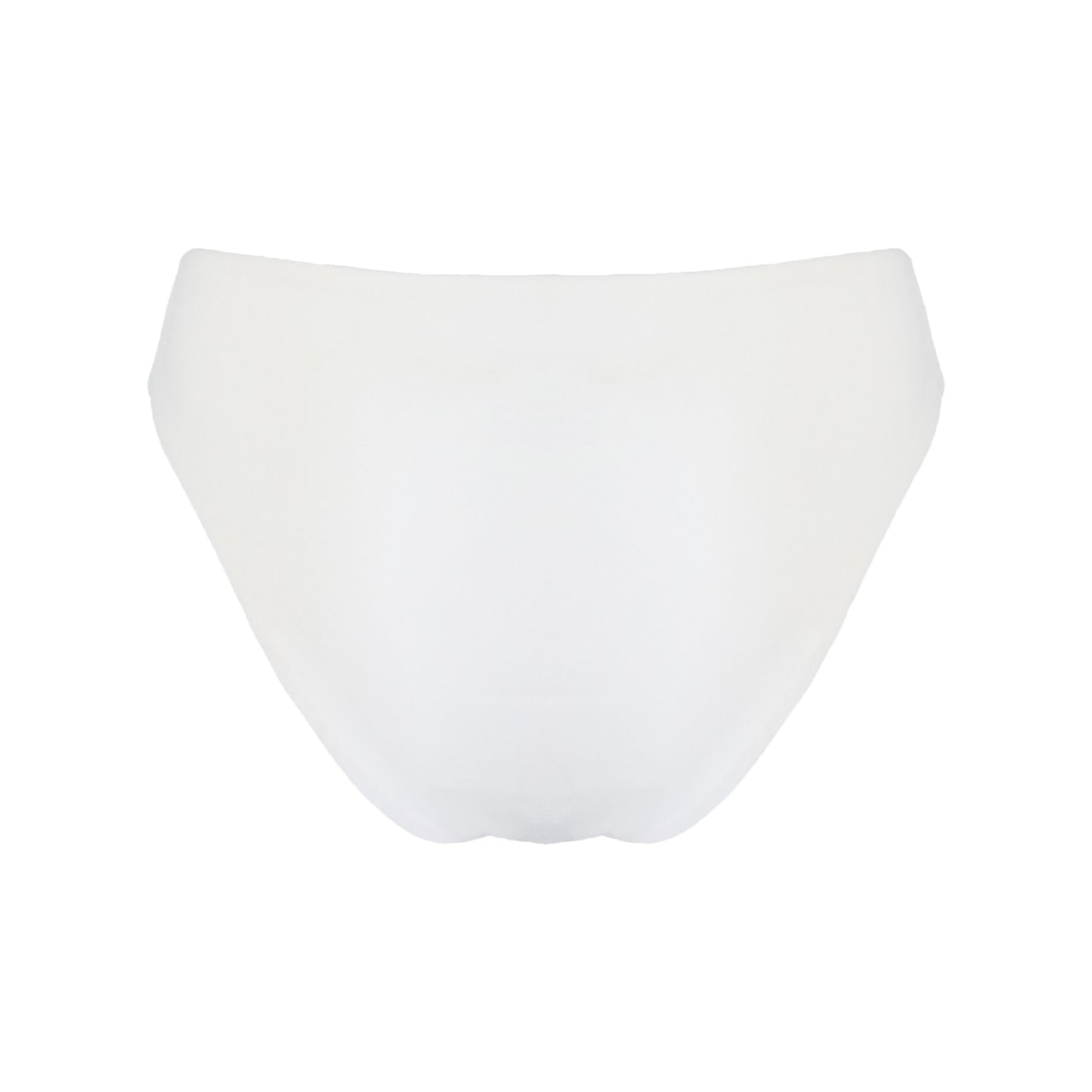 Back of white high waist cheeky bikini bottom with high cut legs, shapewear benefits, and full bum coverage.